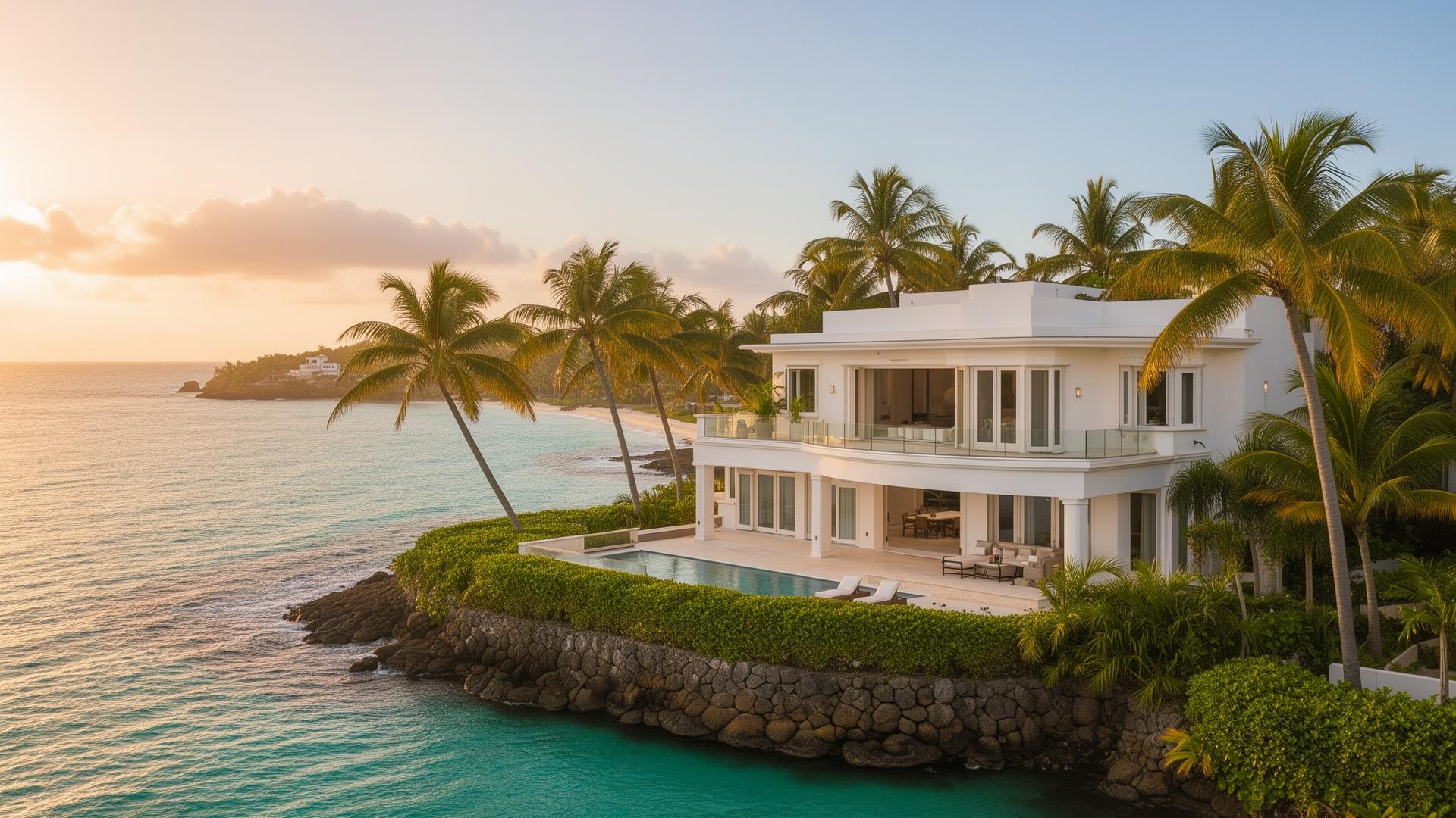 Villa costera de lujo en Puerto Rico al atardecer